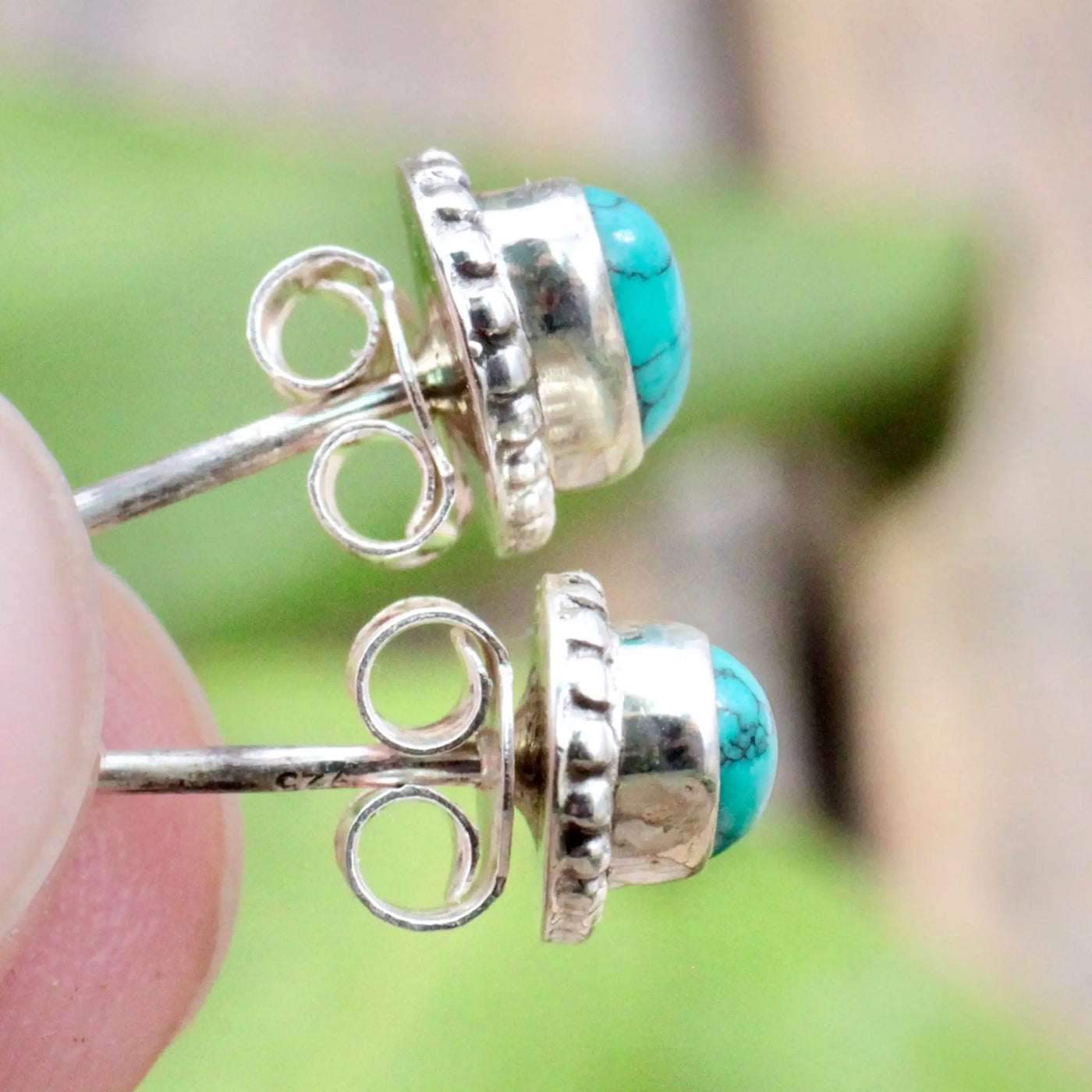 Tibetan Turquoise Stud Earrings with Silverwork in Sterling Silver