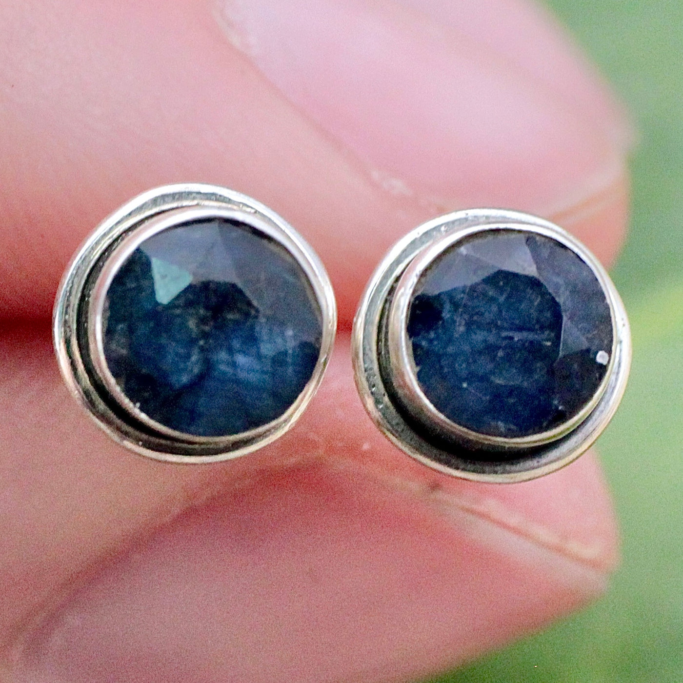 Sapphire Round Stud Earrings - Faceted - Sterling Silver