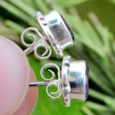Amethyst Oval Stud Earrings - Faceted - Sterling Silver