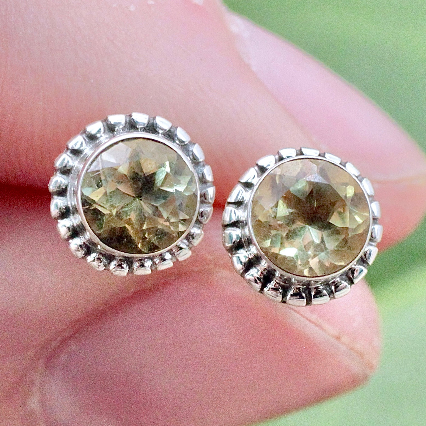 Citrine Round Stud Earrings - Faceted - Sterling Silver