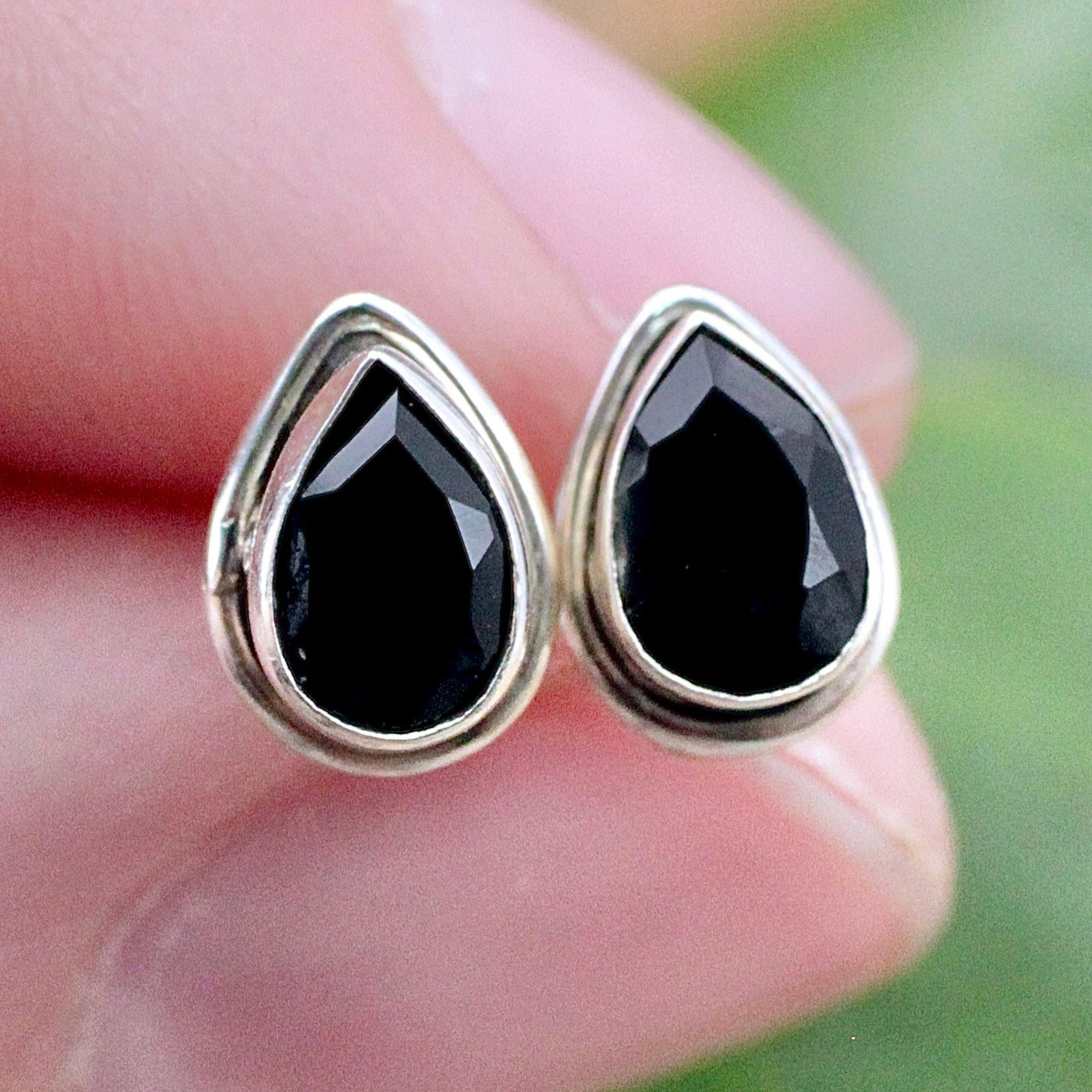 Onyx Teardrop Stud Earrings - Faceted - Sterling Silver