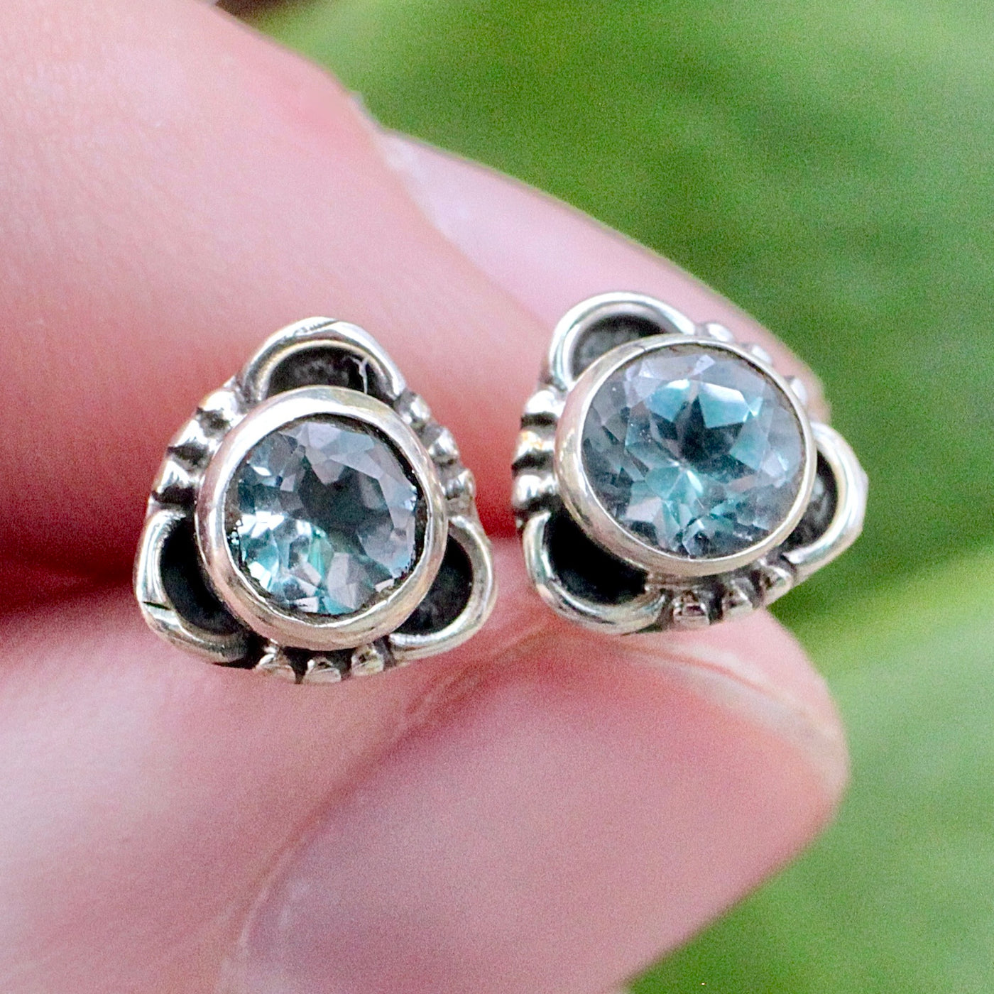 Blue Topaz Round Stud Earrings - Faceted - Sterling Silver