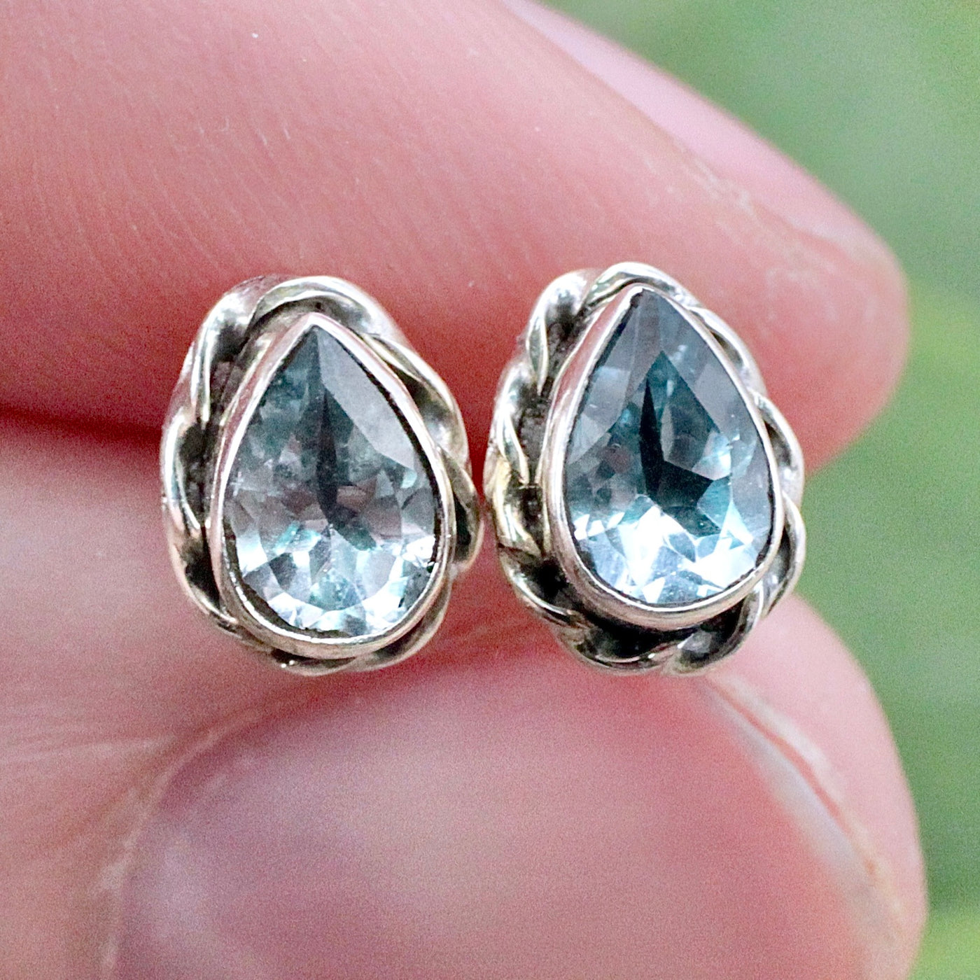 Blue Topaz Teardrop Stud Earrings - Faceted - Sterling Silver