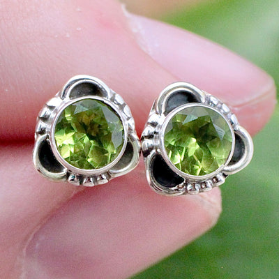 Peridot Round Stud Earrings - Faceted - Sterling Silver