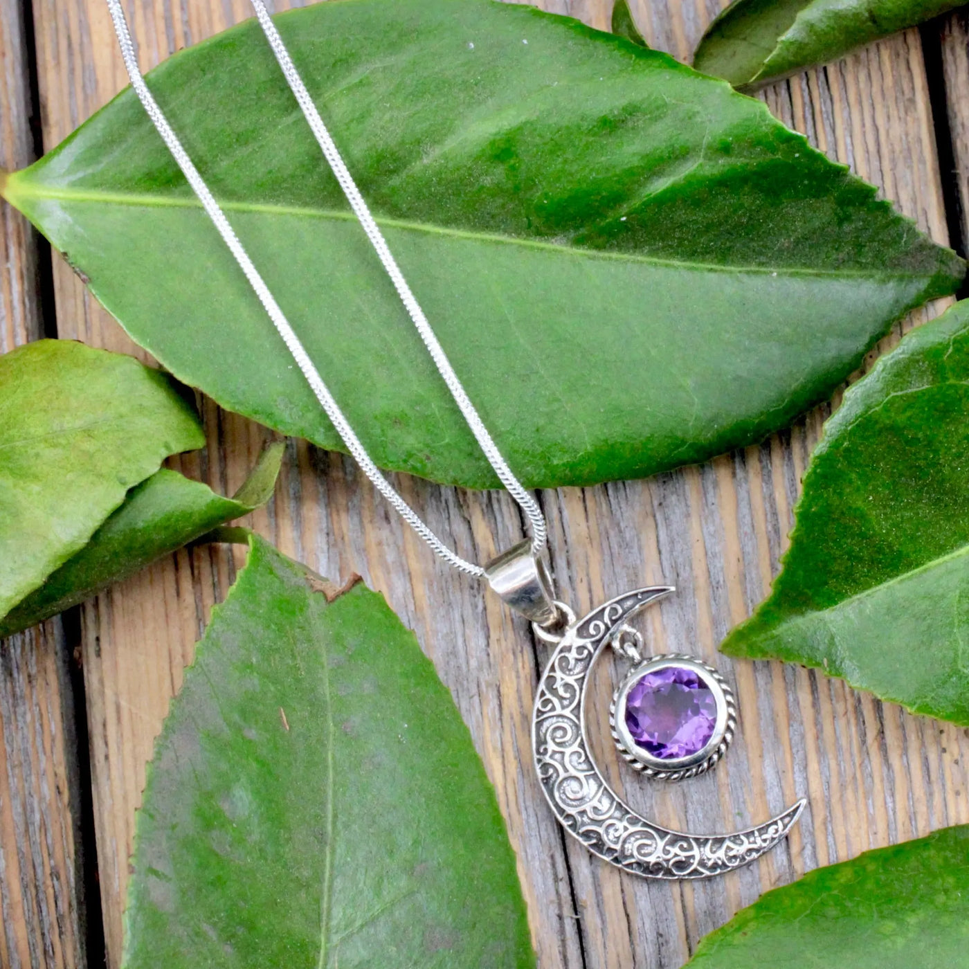 Faceted Amethyst Drop in Crescent Moon - Sterling Silver