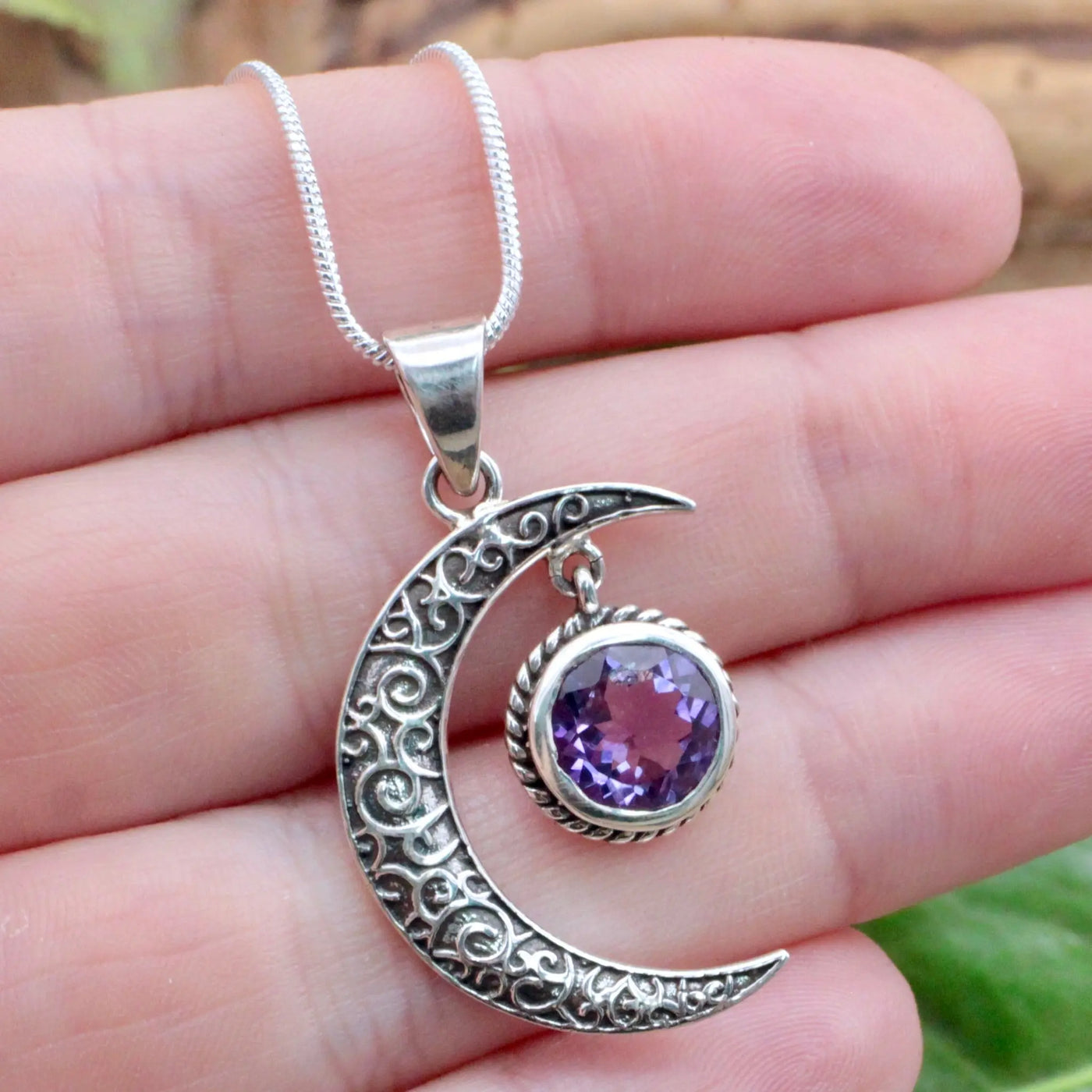 Faceted Amethyst Drop in Crescent Moon - Sterling Silver