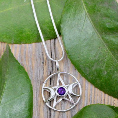 Faceted Amethyst Triple Moon on Star Pendant - Sterling Silver