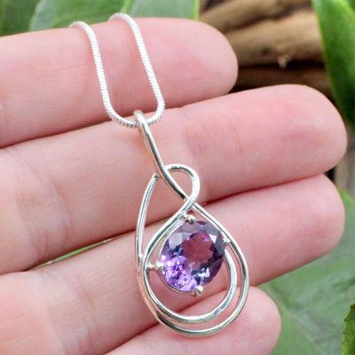 Faceted Amethyst Wire Wrapped Drop Pendant - Sterling Silver