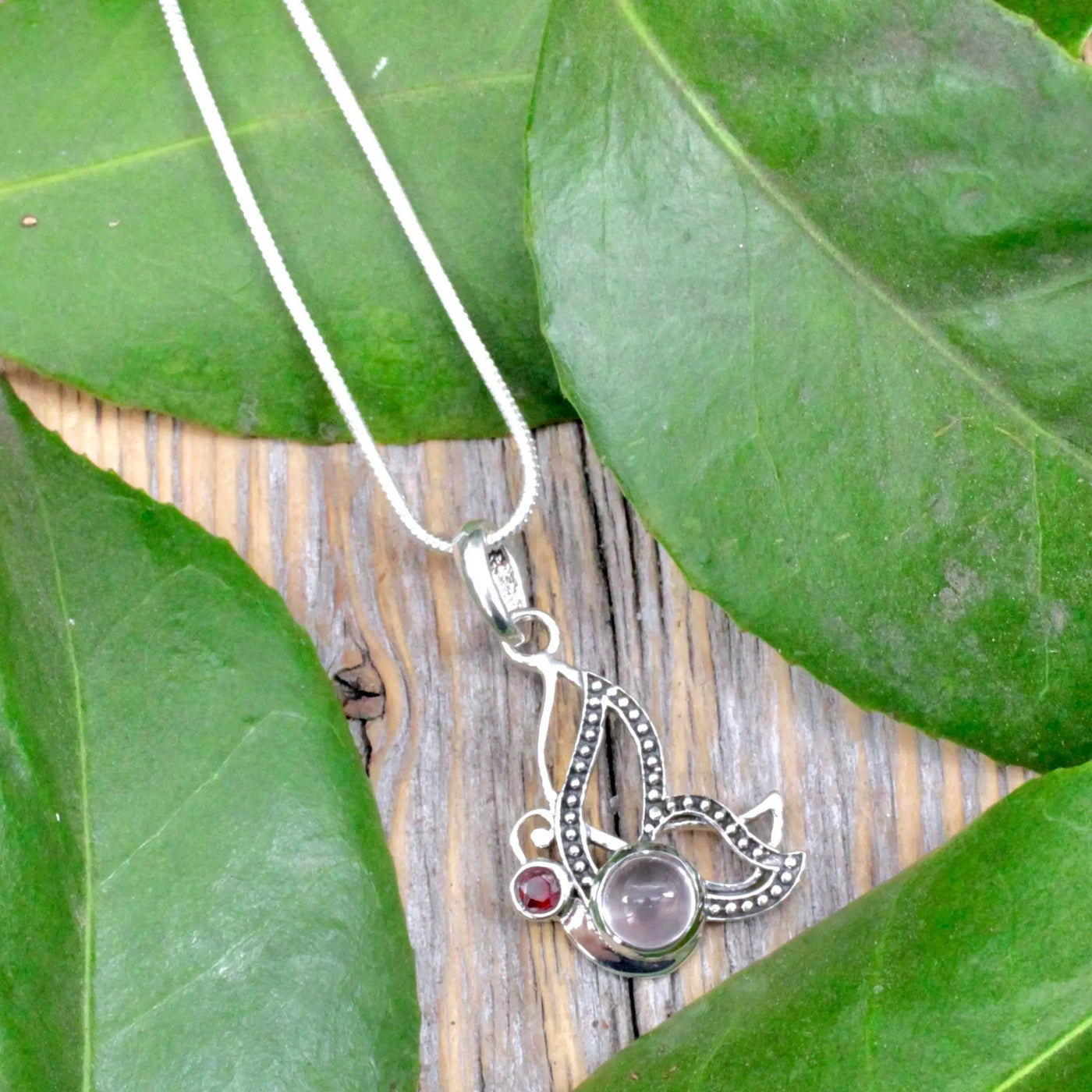 Rose Quartz and Garnet Butterfly Pendant - Sterling Silver