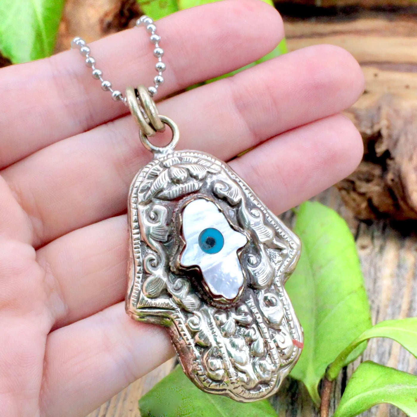 Mother of Pearl Hamsa with Evil Eye Pendant - Small