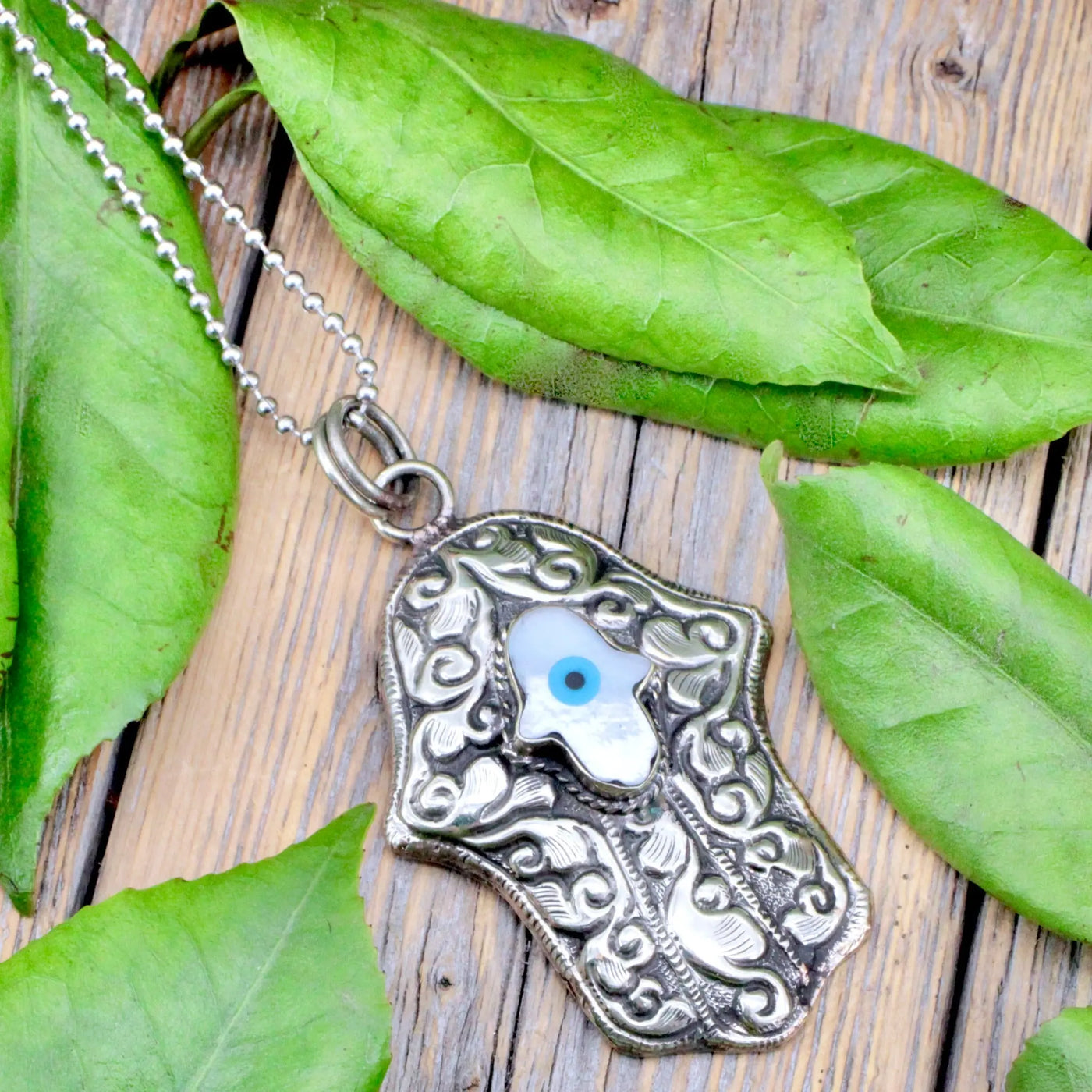 Mother of Pearl Hamsa with Evil Eye Pendant - Large