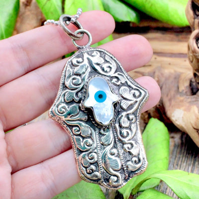 Mother of Pearl Hamsa with Evil Eye Pendant - Large
