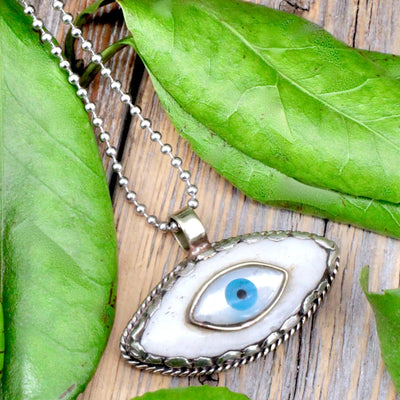 Mother of Pearl and Bone Evil Eye Pendant