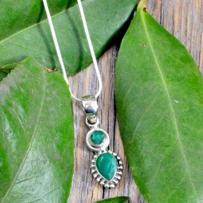 Emerald Round and Drop Pendant - Sterling Silver