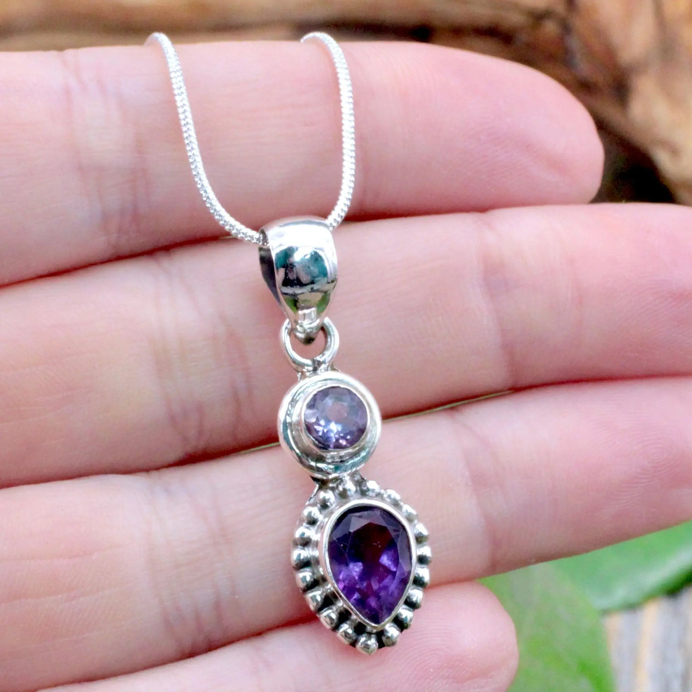 Amethyst Round and Drop Pendant - Sterling Silver