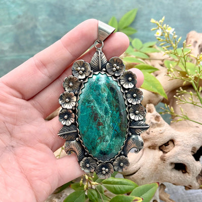 Tibetan Turquoise Pendant with Floral Design - Large