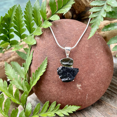 Moldavite - Black Tourmaline Pendant