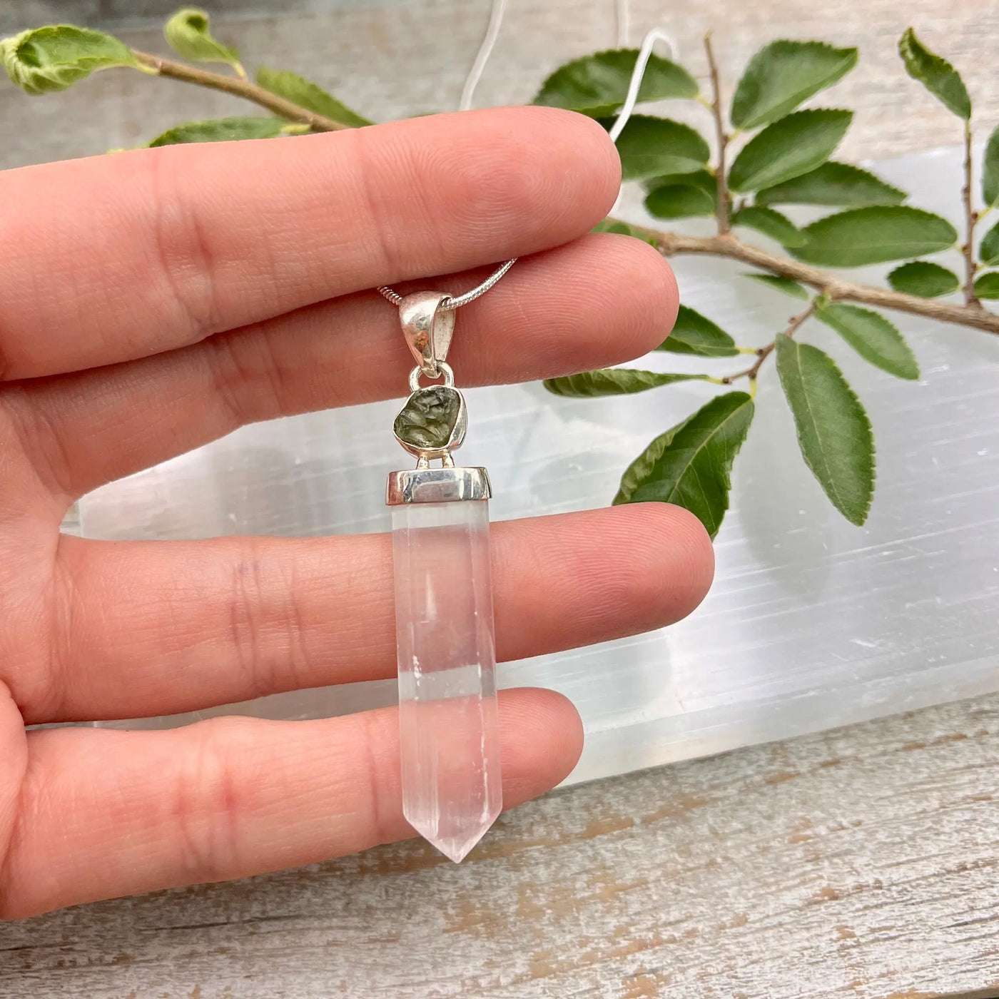 Moldavite with Selenite Sword Pendant