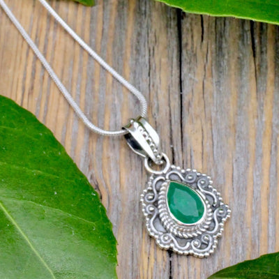 Emerald Fancy Teardrop Pendant - Sterling Silver