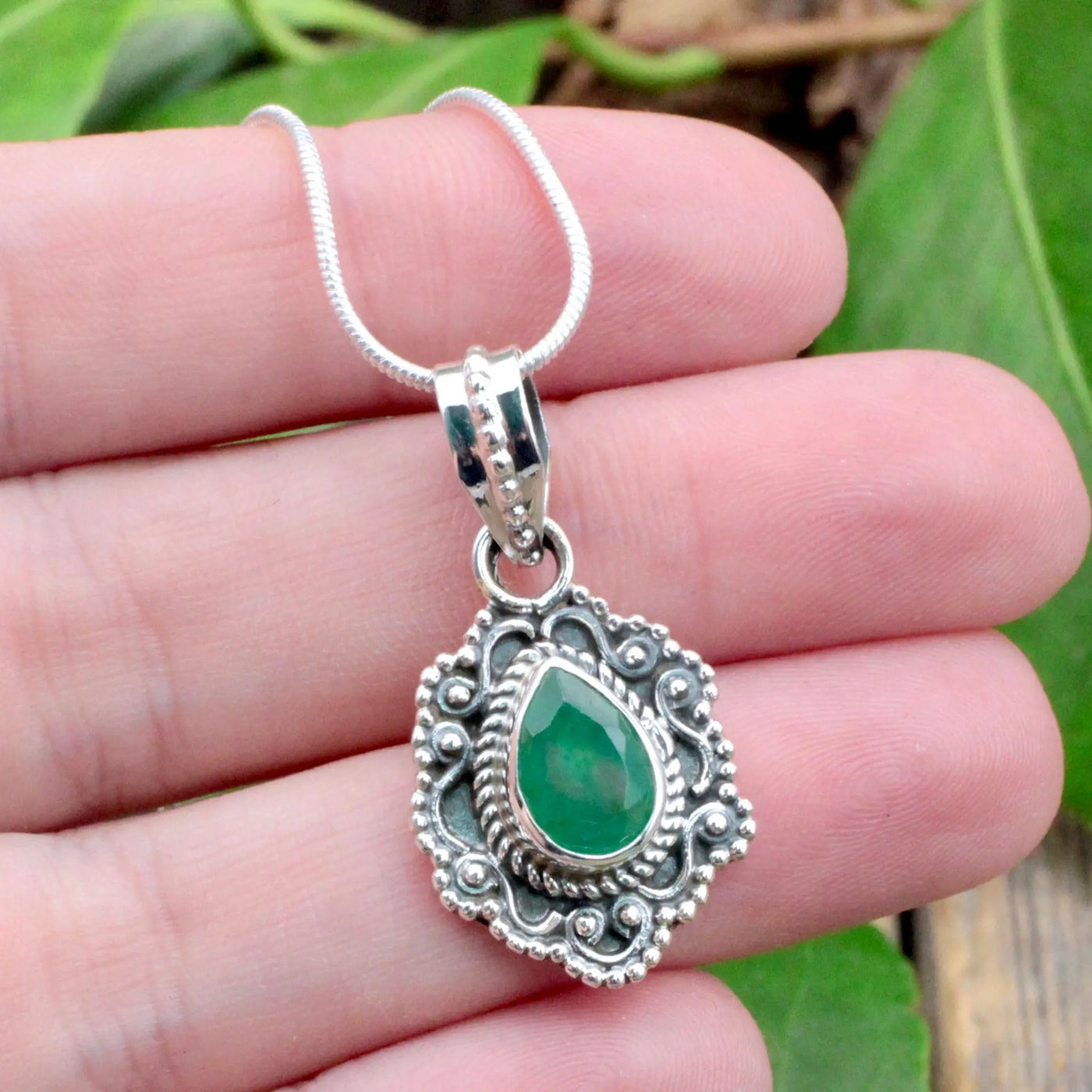 Emerald Fancy Teardrop Pendant - Sterling Silver