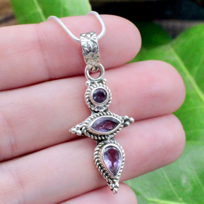 Amethyst Triple Stone Pendant - Sterling Silver