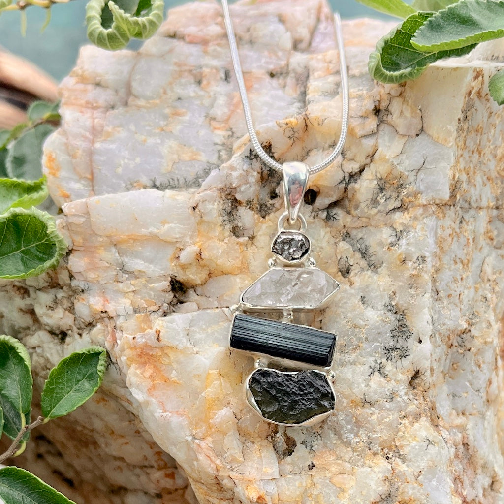 Moldavite - Black Tourmaline - Herkimer Diamond Pendant
