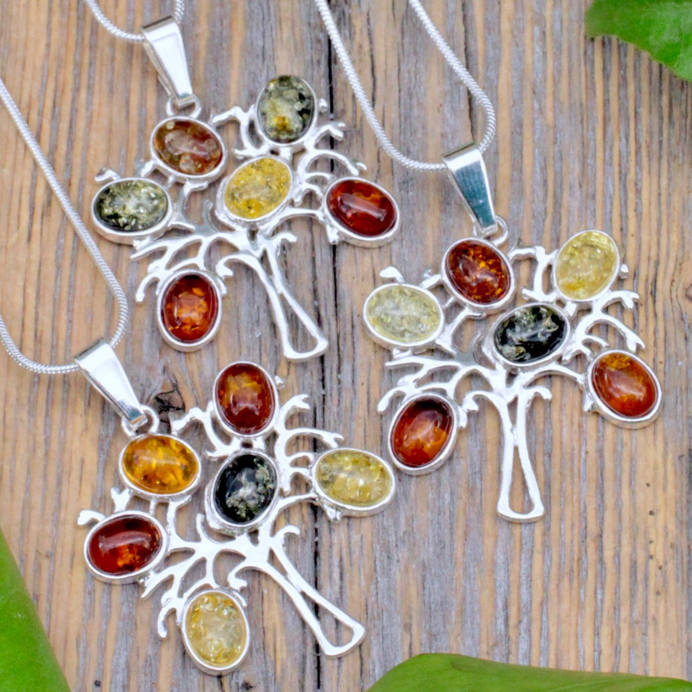 Amber 6-Stone Tree Pendant - Sterling Silver