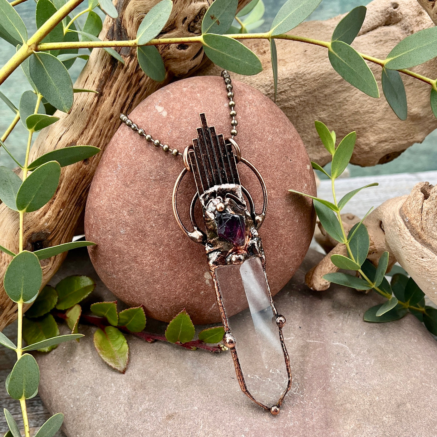 Long Bronze Blade Necklace with Amethyst