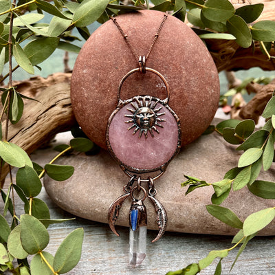 Rose Quartz Sun & Moon Necklace - Bronze
