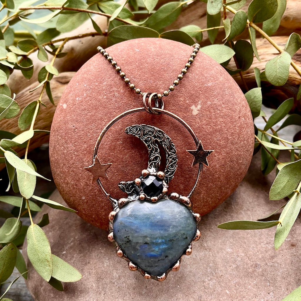 Labradorite Heart and Moon Necklace -Bronze