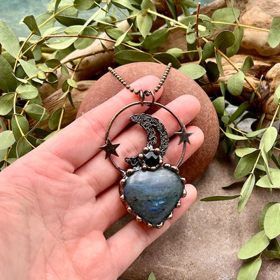 Labradorite Heart and Moon Necklace -Bronze