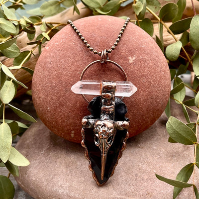Obsidian Arrowhead Crow Skull Necklace