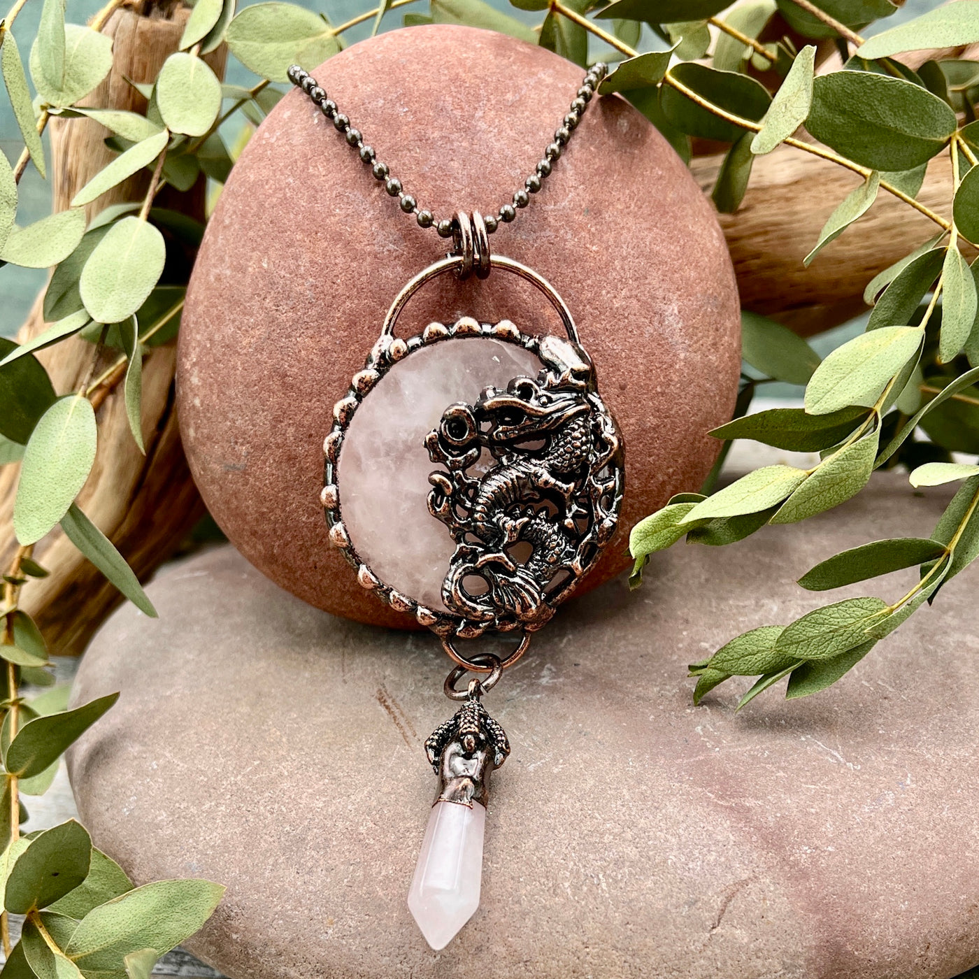 Rose Quartz Dragon Necklace - Bronze