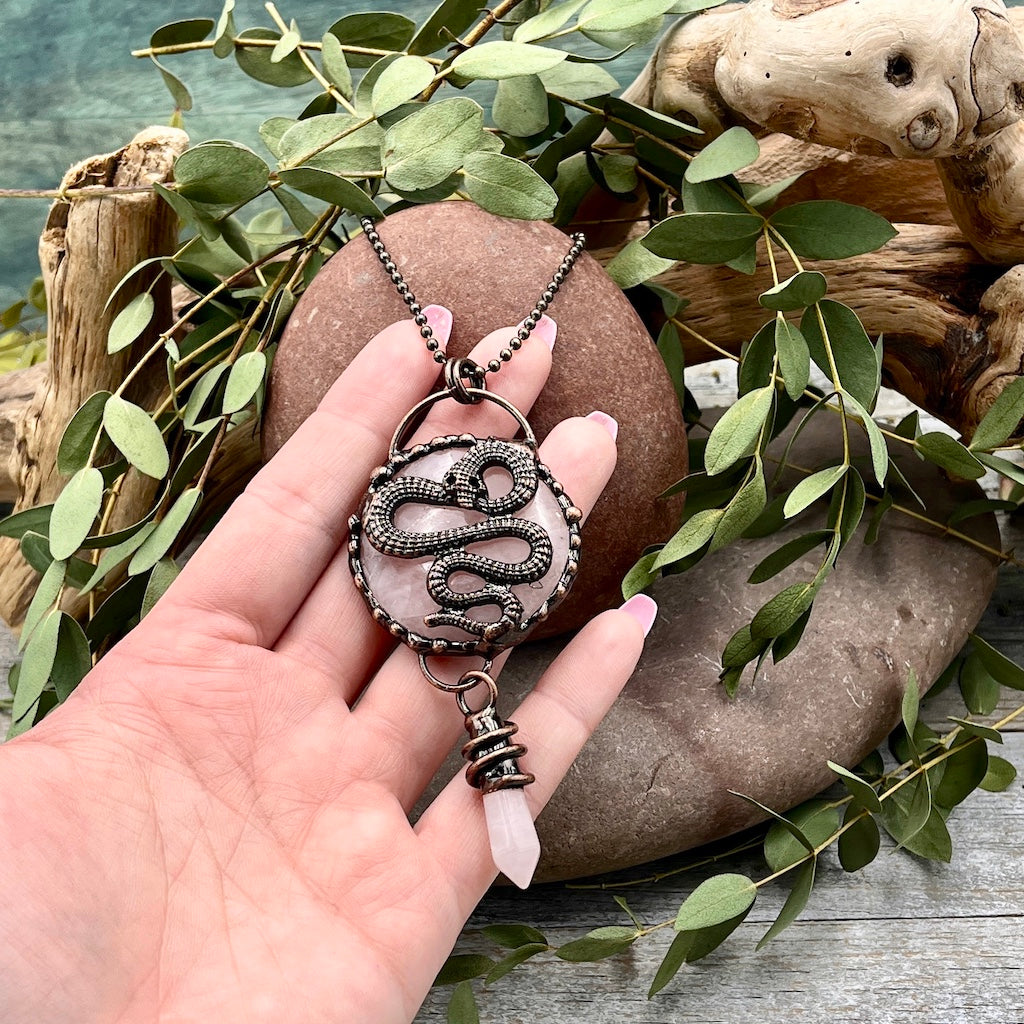 Rose Quartz Snake Necklace - Bronze – RockMama.com