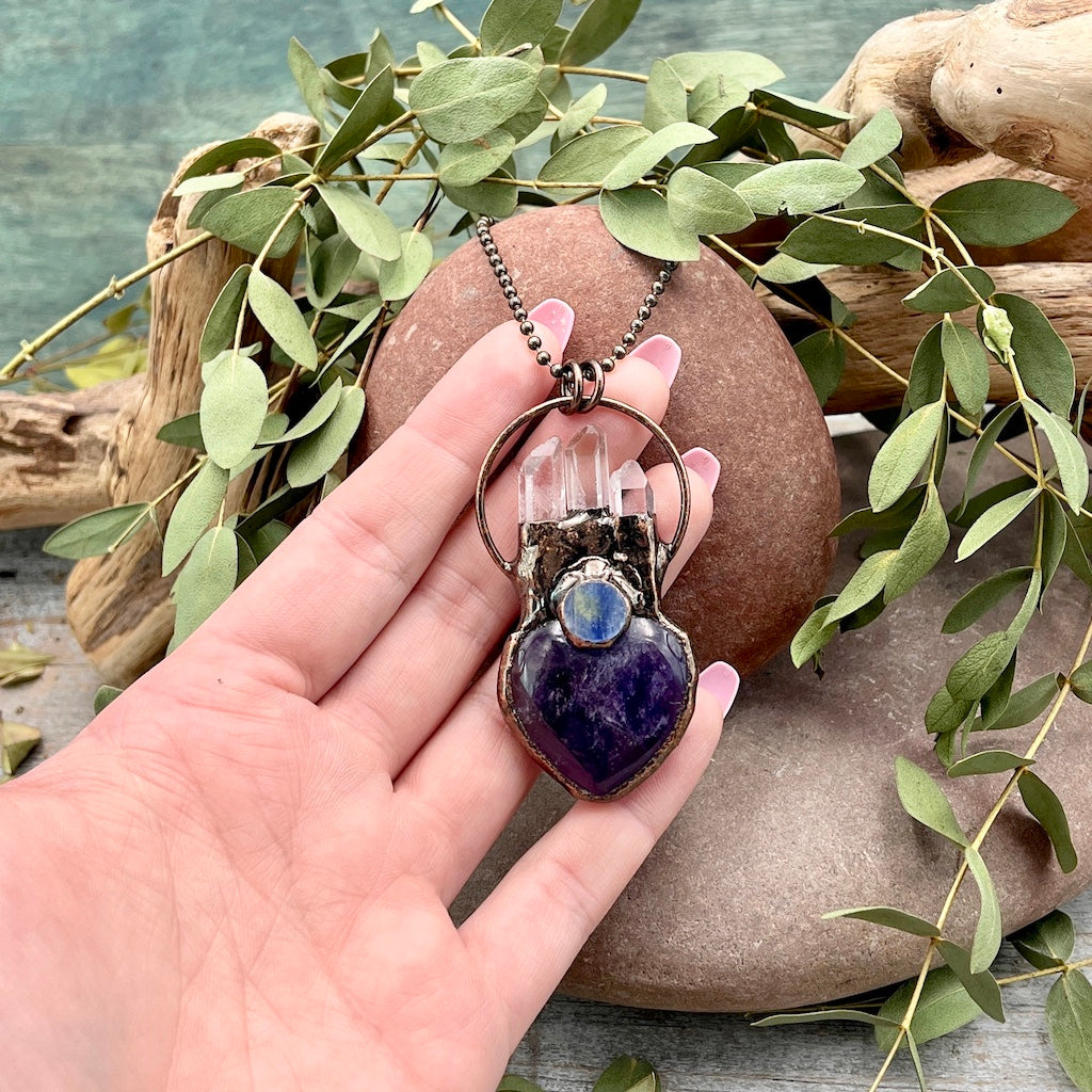 Amethyst Heart Necklace with Quartz Points