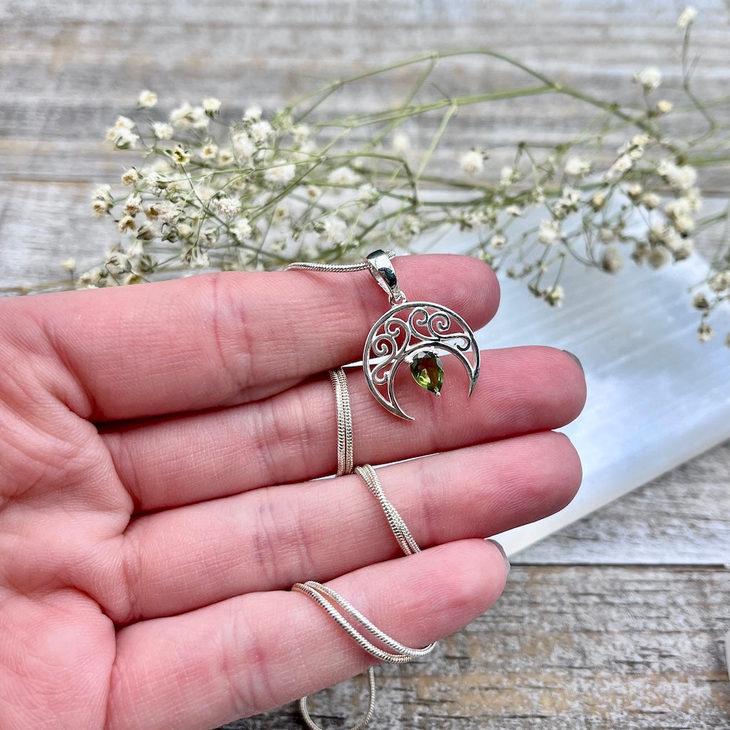 Faceted Moldavite Crescent Moon Necklace