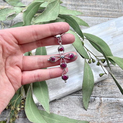 Ruby 5-Stone Cross Pendant - Sterling Silver