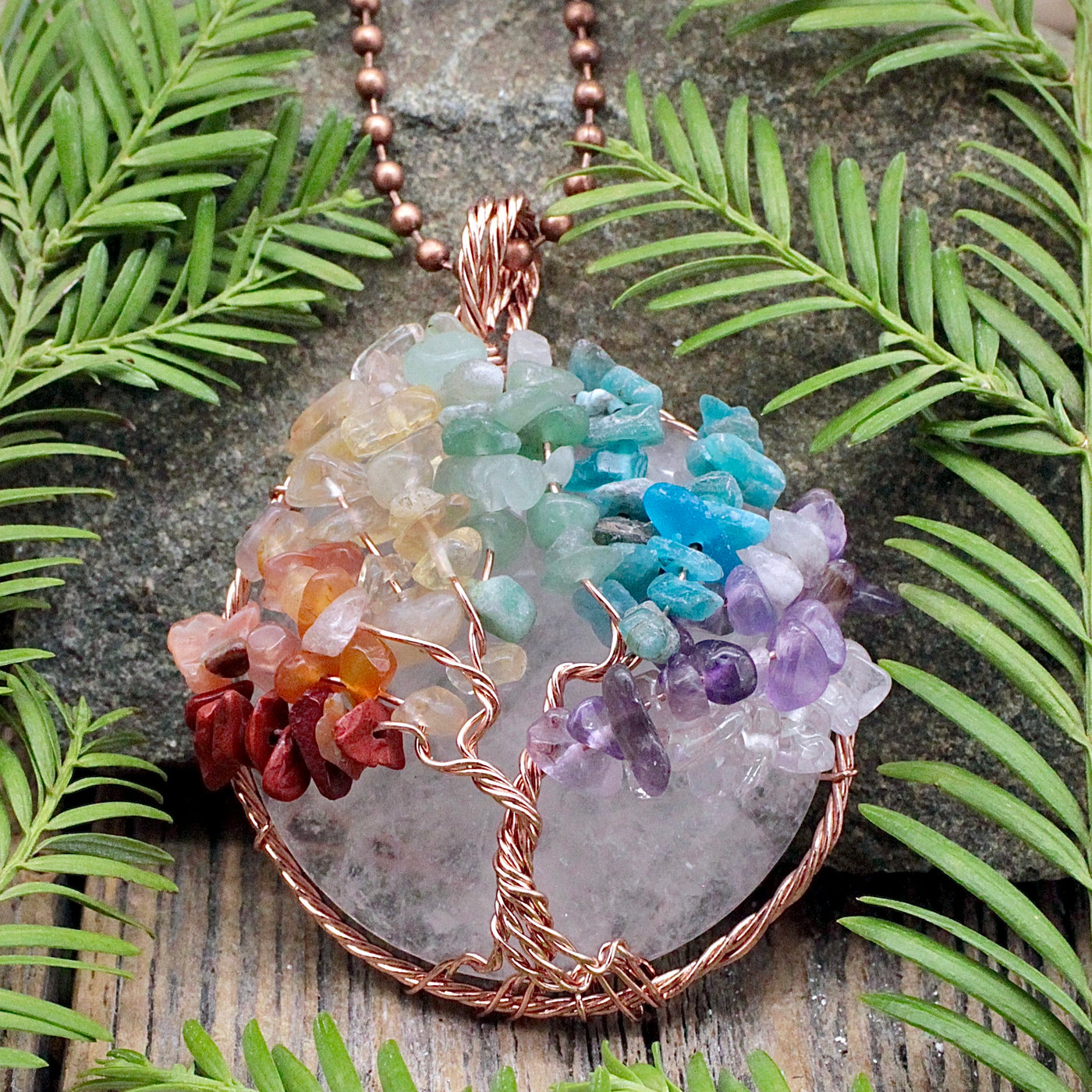 Quartz Chakra Tree of Life Copper Wire Wrapped Pendant