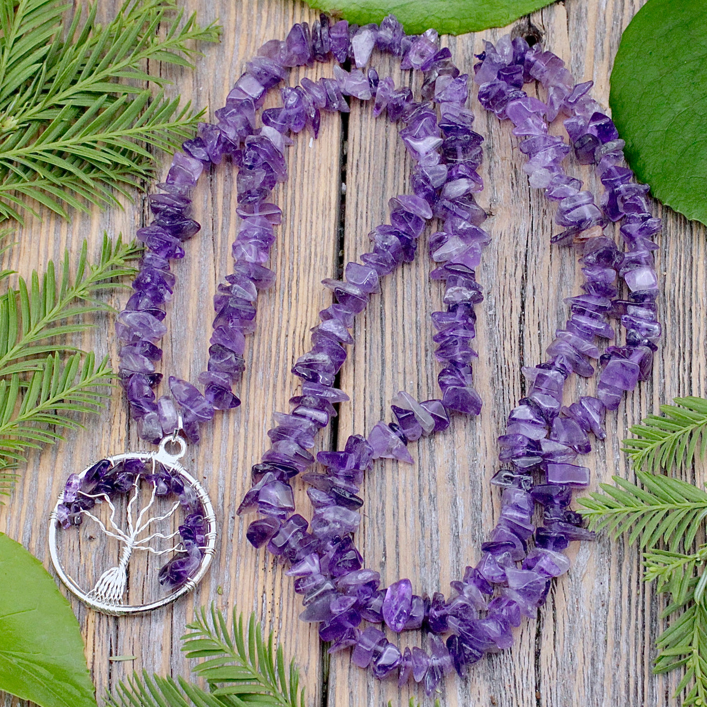 Amethyst Chip Necklace with Tree of Life Pendant