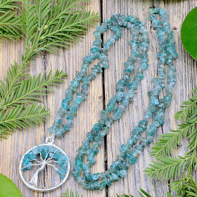 Apatite Chip Necklace with Aquamarine Tree of Life Pendant