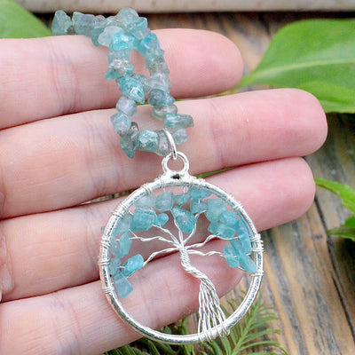 Apatite Chip Necklace with Aquamarine Tree of Life Pendant