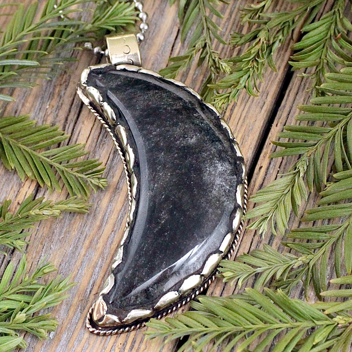 Silver Sheen Obsidian Moon Pendant - Tibetan Silver