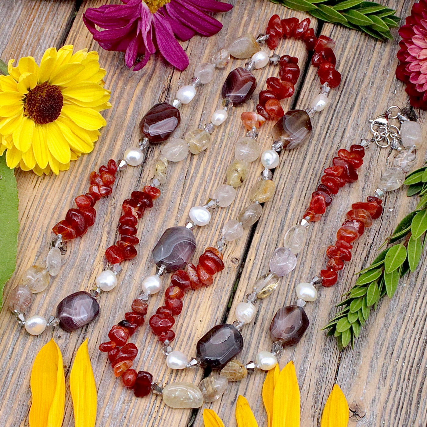 Carnelian, Botswana Agate, Citrine and Rutile Quartz Necklace