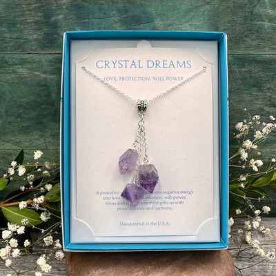 Crystal Dreams Amethyst Triple Drop necklace in box