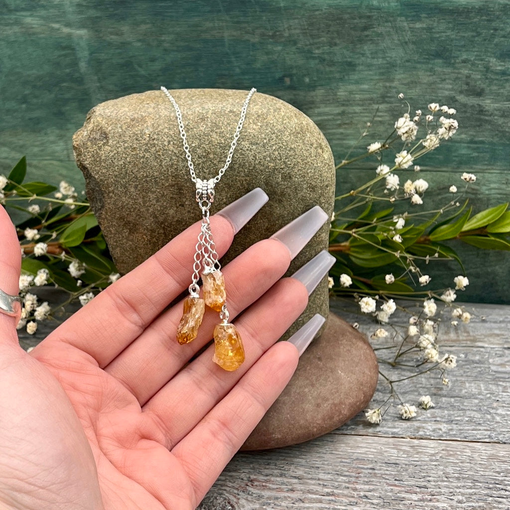Citrine triple Drop Necklace in hand