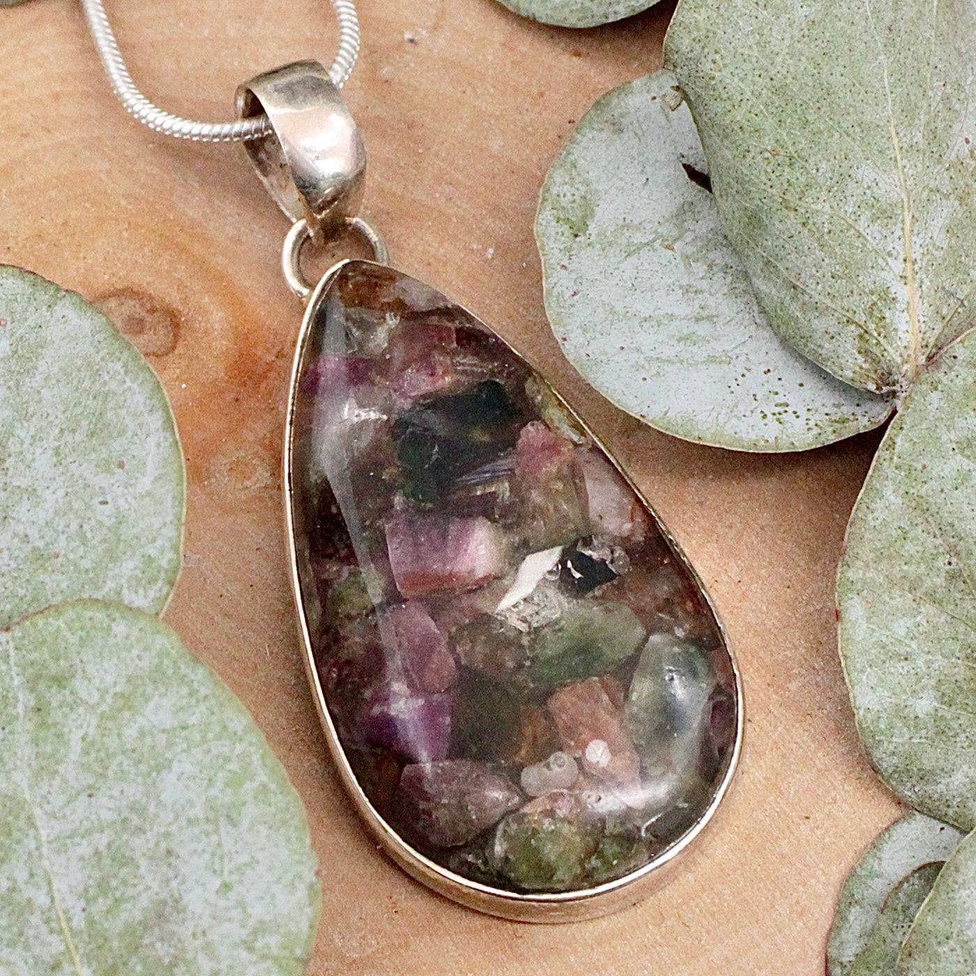 Mixed Tourmaline in Resin Pendant - Sterling Silver A