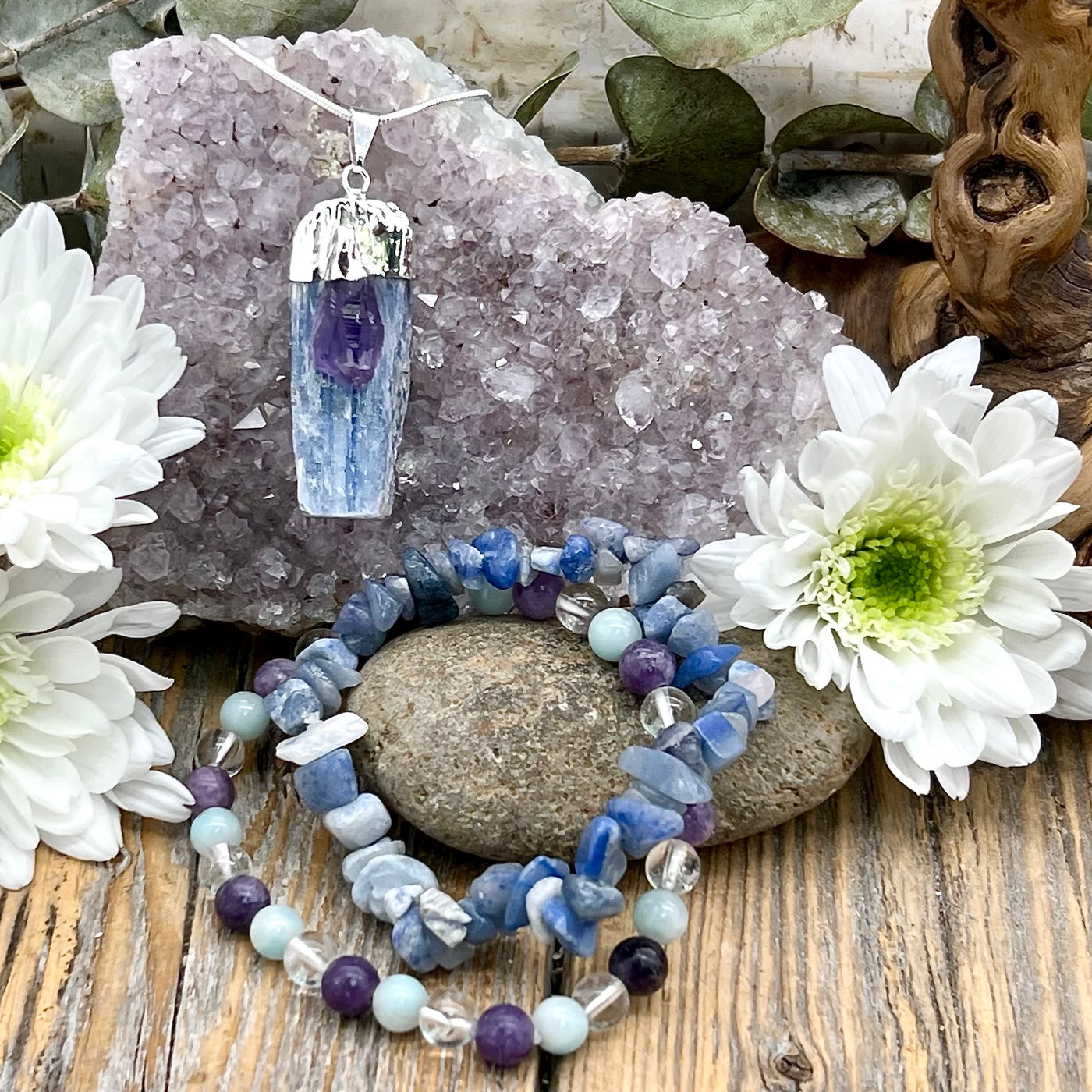 Kyanite slab necklace with amethyst detail