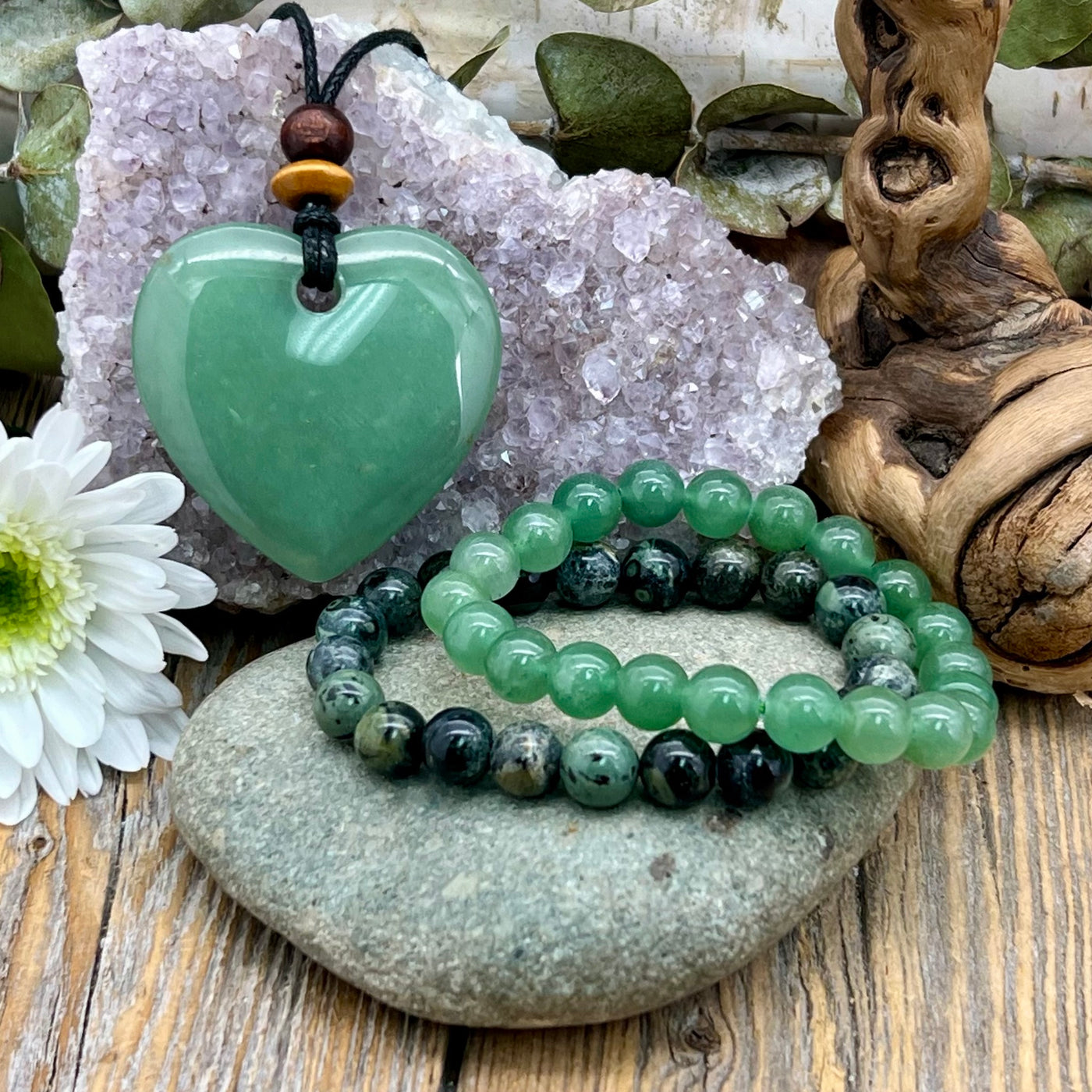 Green Aventurine Heart stone Necklace Bundle with Gemstone Bracelets