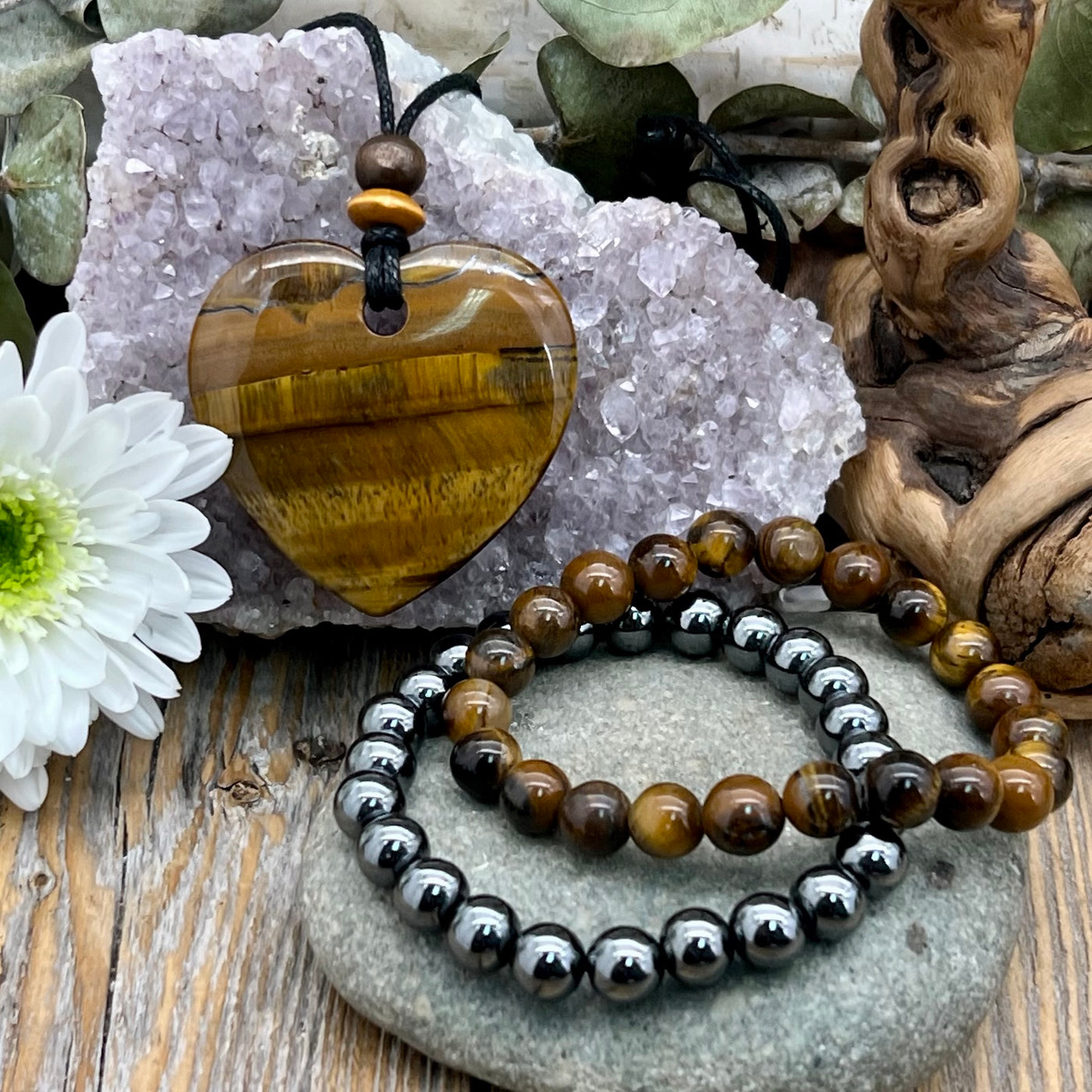 Tiger's Eye Heart Stone Necklace & Bracelet Bundle