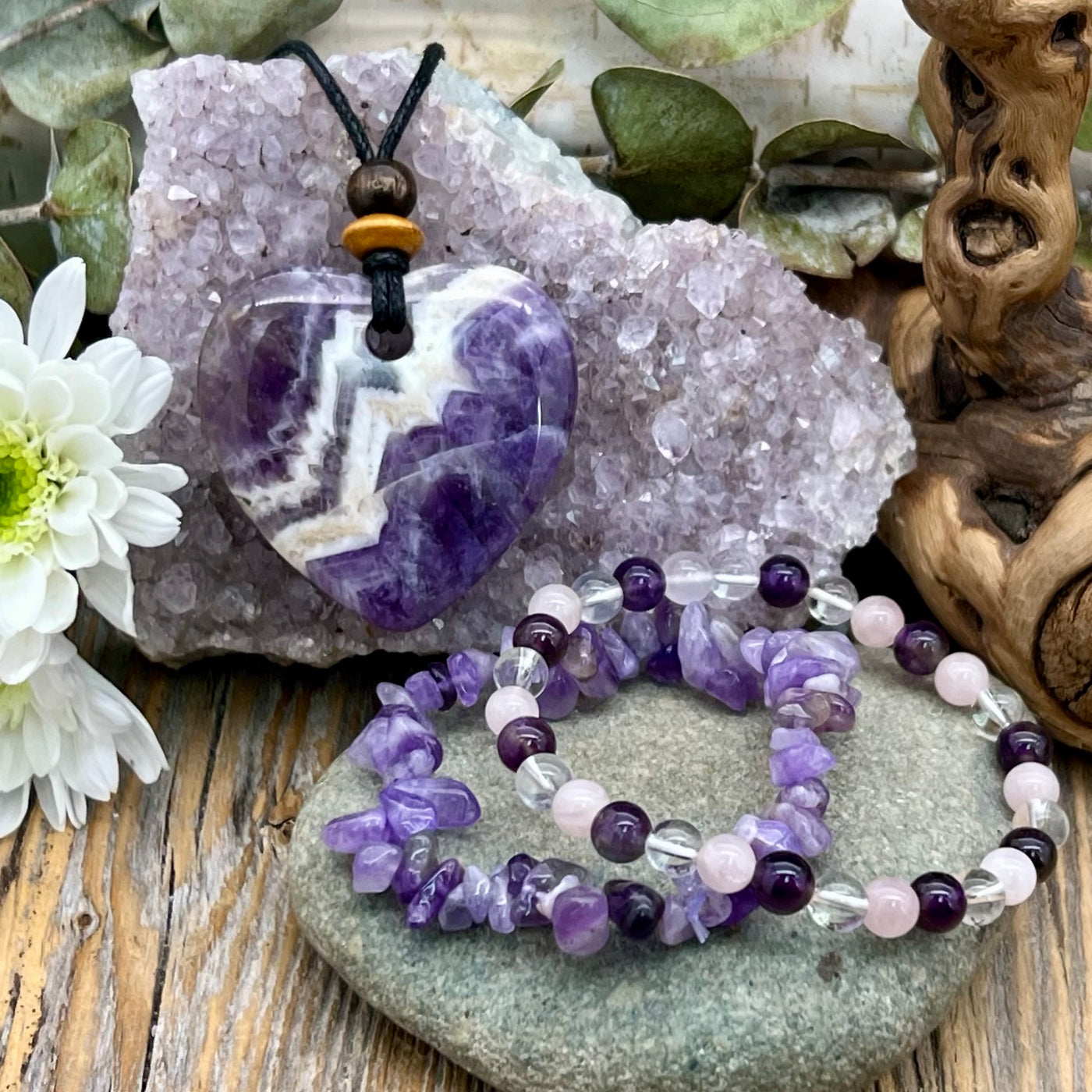 Amethyst Heart Stone Necklace and Bracelets Bundle